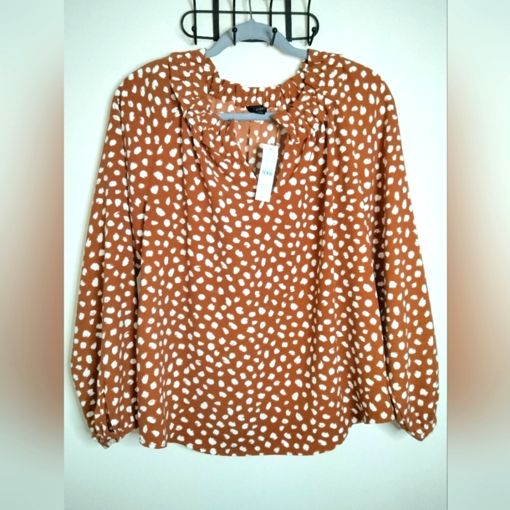 J. Crew (Size M) Brown & White Polka Dot Ruffle Trim LS Peasant Blouse (NEW-NWT)